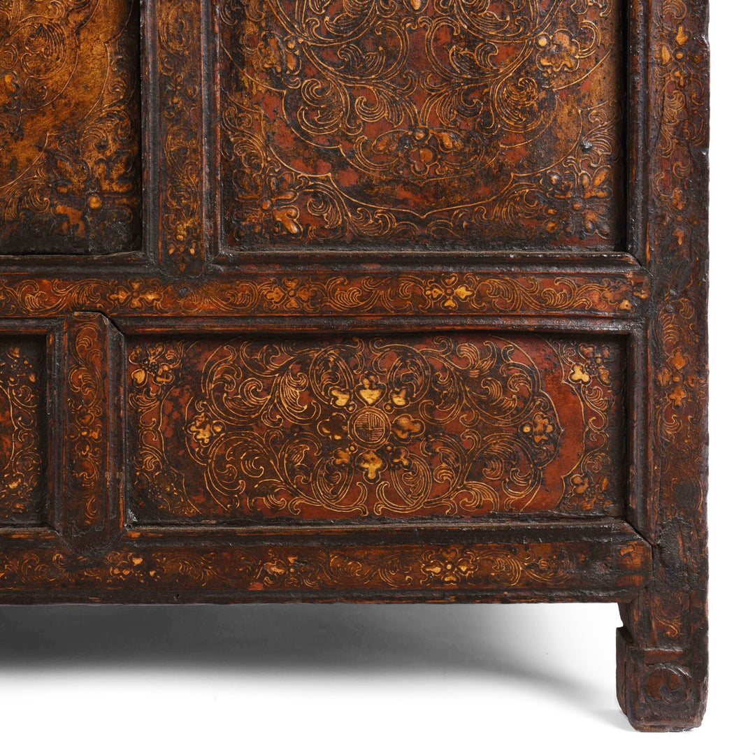Leg Detail Displaying Paintwork From Gilt & Black Painted Tibetan Altar Cabinet | Indigo Antiques