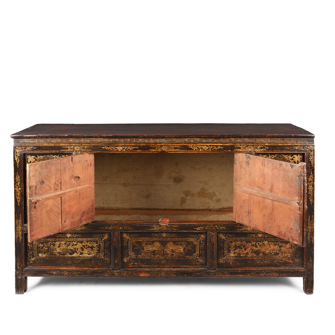 Open Doors View Of Gilt & Black Painted Tibetan Altar Cabinet | Indigo Antiques