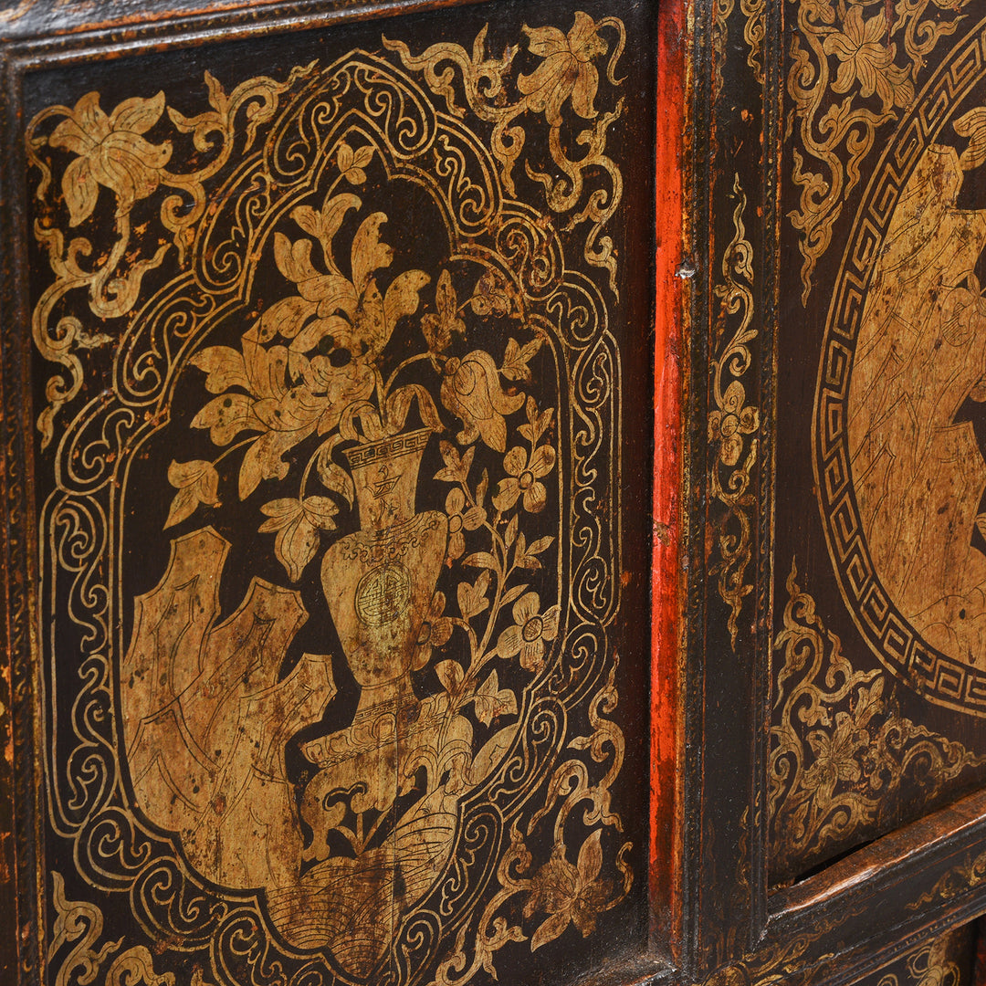 Detail Showing Old Red Paint From Gilt & Black Painted Tibetan Altar Cabinet | Indigo Antiques