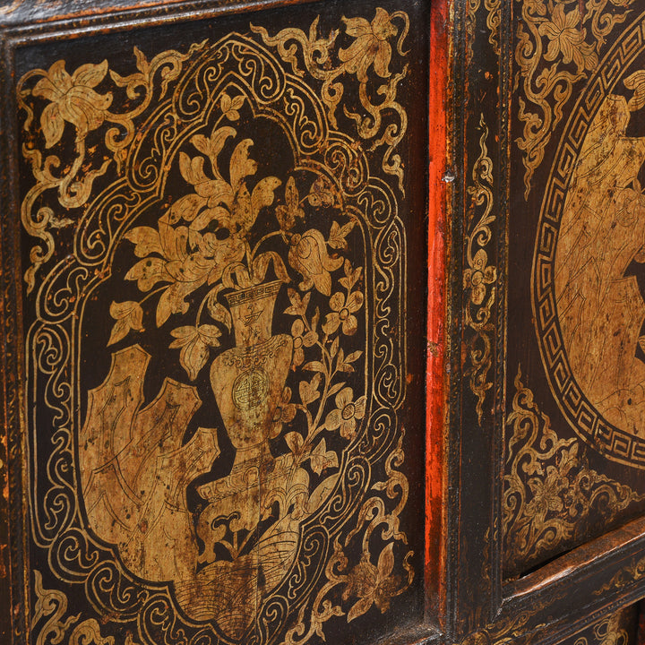 Detail Showing Old Red Paint From Gilt & Black Painted Tibetan Altar Cabinet | Indigo Antiques