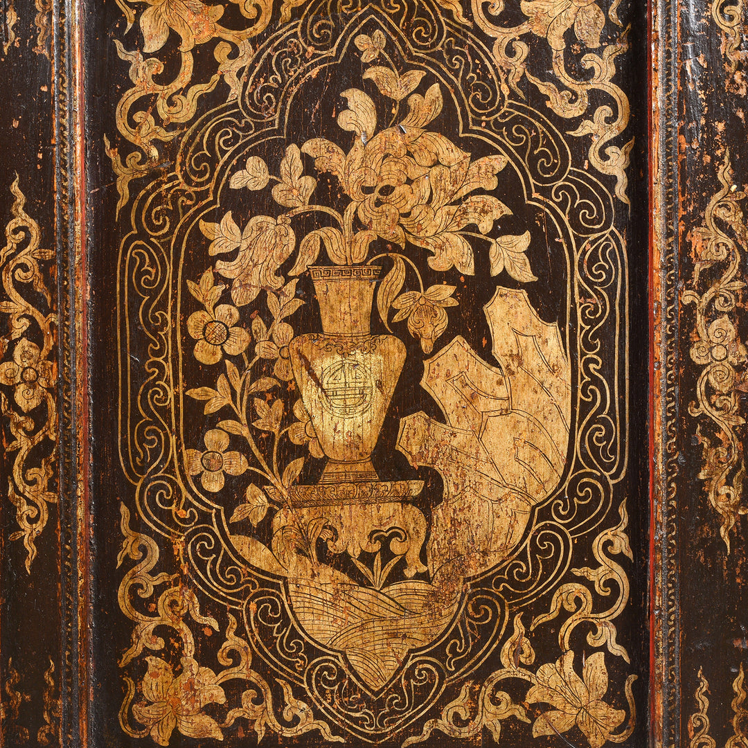 Floral And Vase Detail From Gilt & Black Painted Tibetan Altar Cabinet | Indigo Antiques