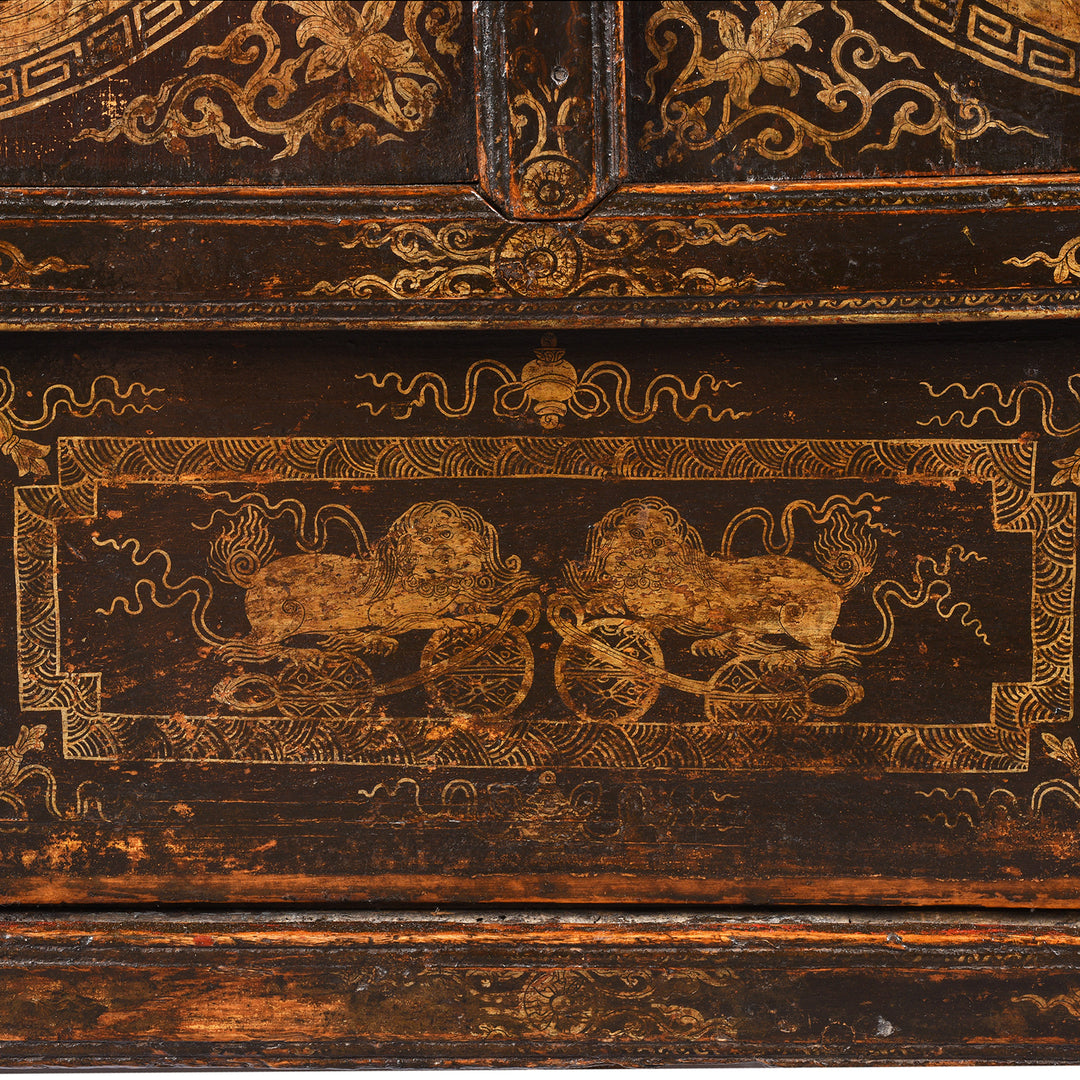 Fu Dog Detail From Gilt & Black Painted Tibetan Altar Cabinet | Indigo Antiques