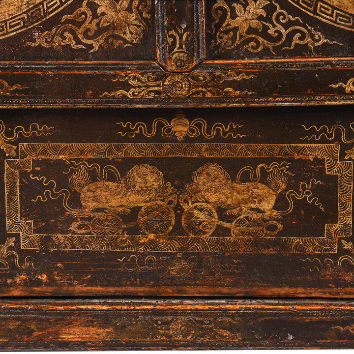 Fu Dog Detail From Gilt & Black Painted Tibetan Altar Cabinet | Indigo Antiques
