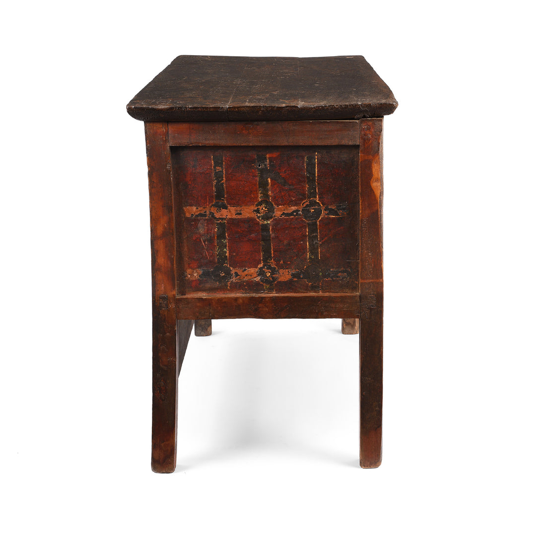 End View Of Antique Painted Tibetan Pegam Prayer Table | Indigo Antiques