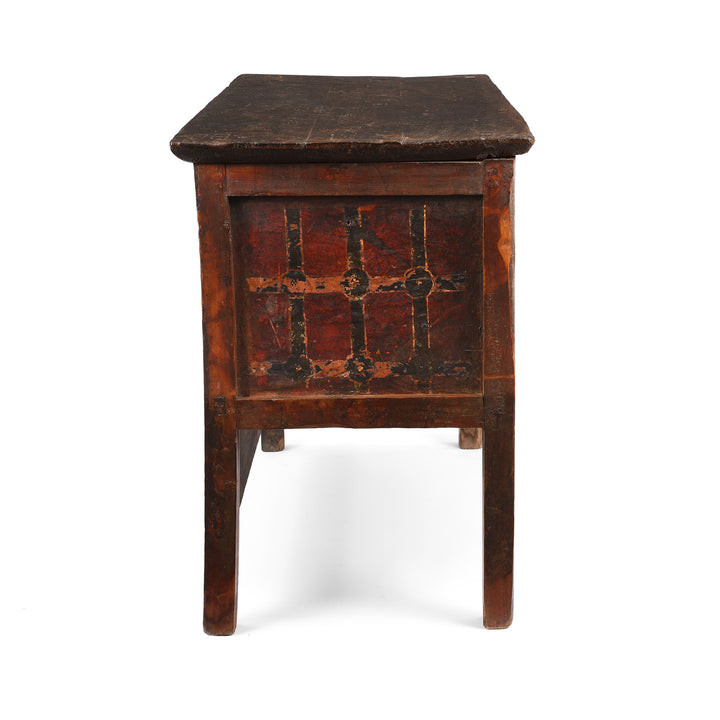 End View Of Antique Painted Tibetan Pegam Prayer Table | Indigo Antiques