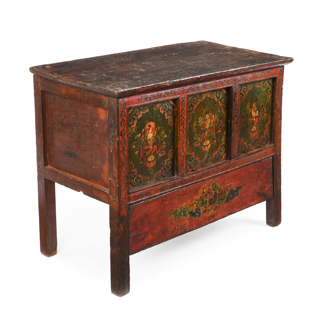 Angled View Of Antique Painted Tibetan Pegam Prayer Table | Indigo Antiques