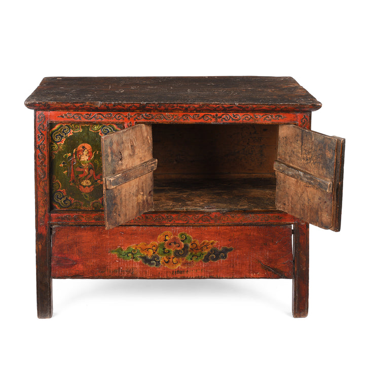 Open View Of Antique Painted Tibetan Pegam Prayer Table | Indigo Antiques