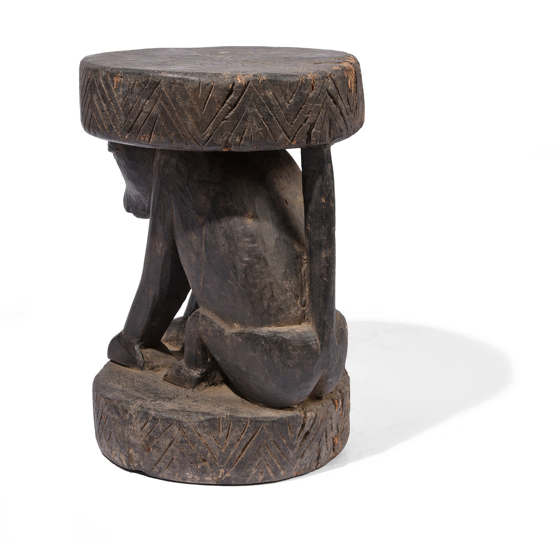 Rear View Of Vintage Carved Santal Tribal Monkey Stool | Indigo Antiques