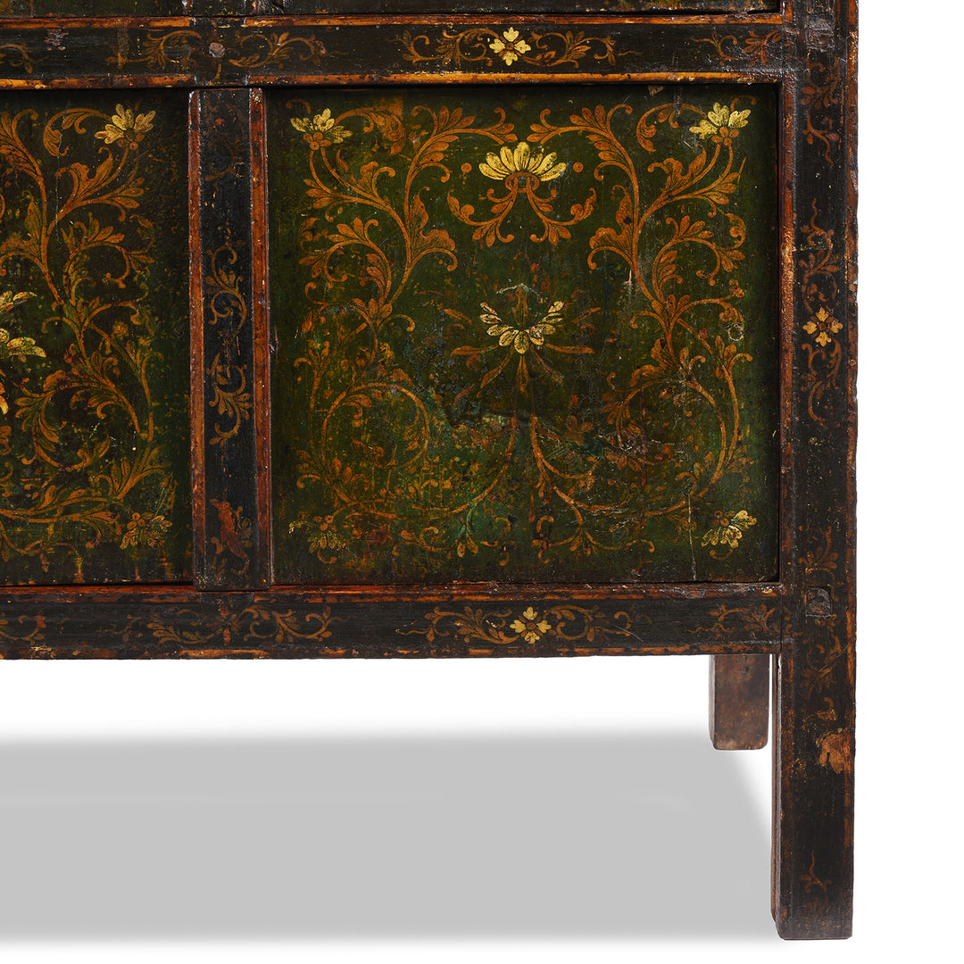Leg Detail From Antique Green Painted Tibetan Altar Cabinet | Indigo Antiques