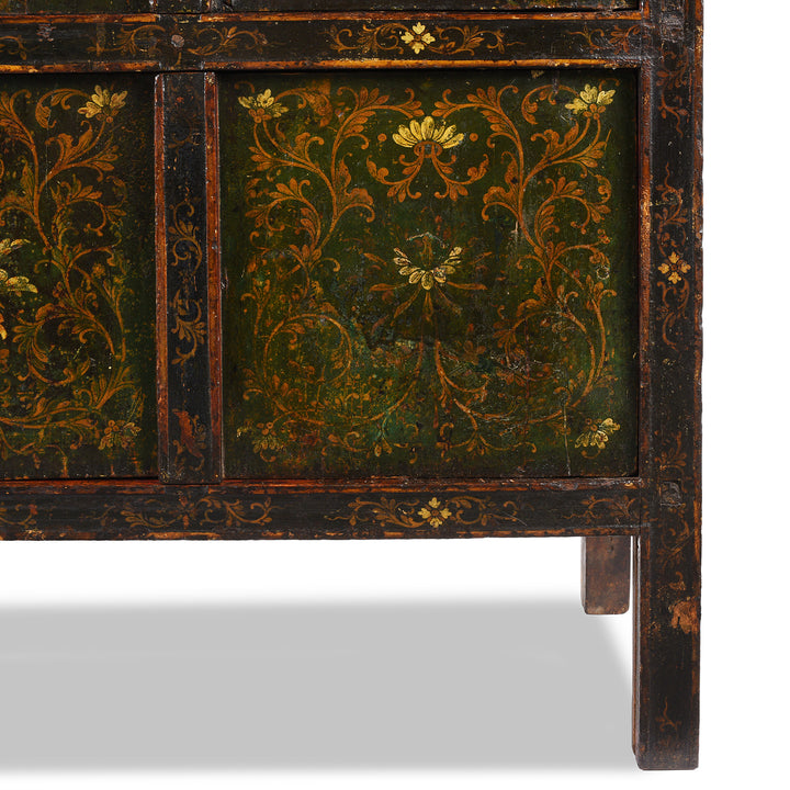 Leg Detail From Antique Green Painted Tibetan Altar Cabinet | Indigo Antiques
