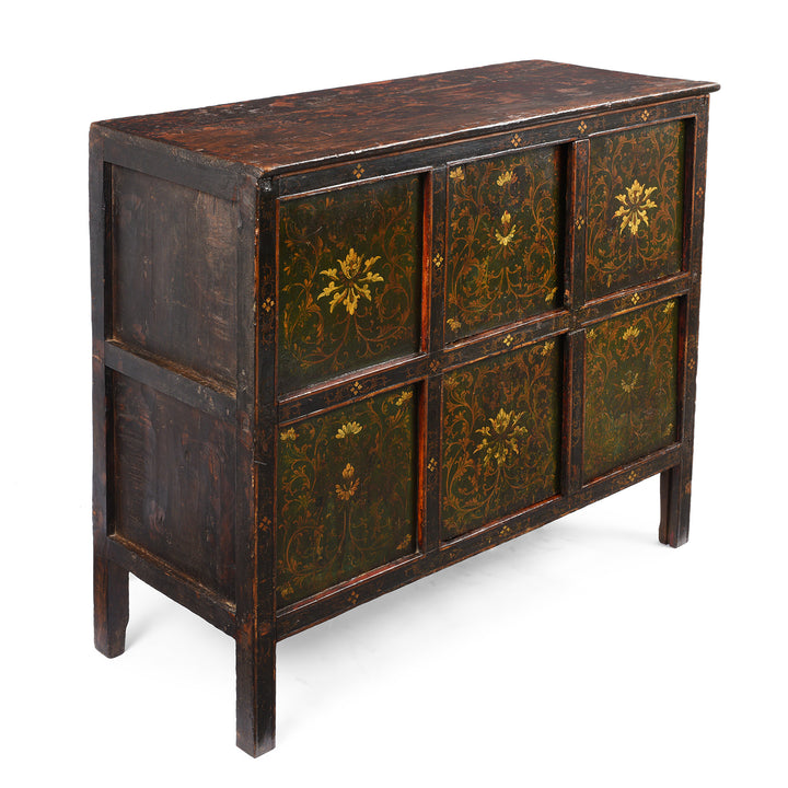 Angled VIew Of Antique Green Painted Tibetan Altar Cabinet | Indigo Antiques