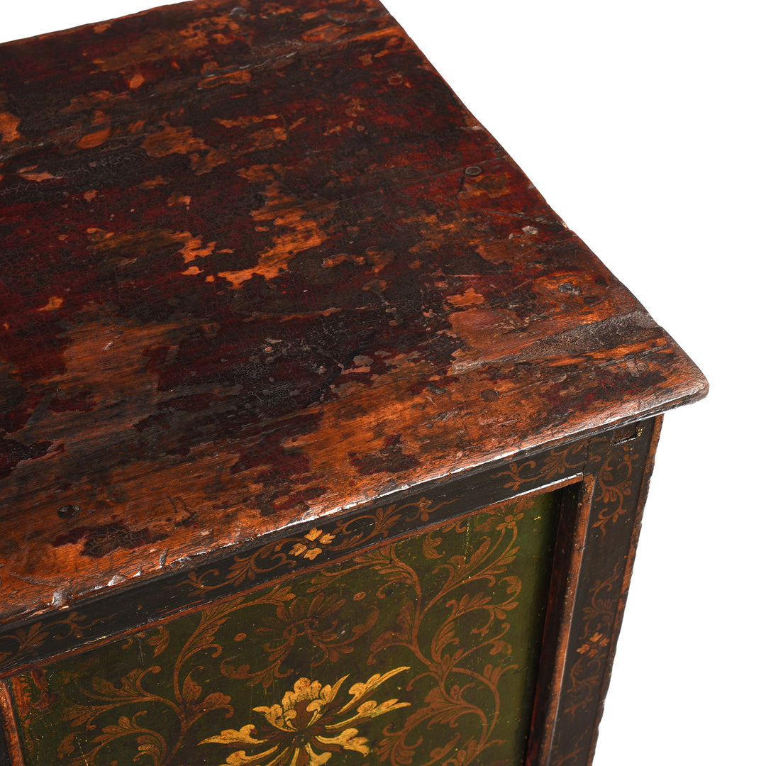 Top Detail From Antique Green Painted Tibetan Altar Cabinet | Indigo Antiques
