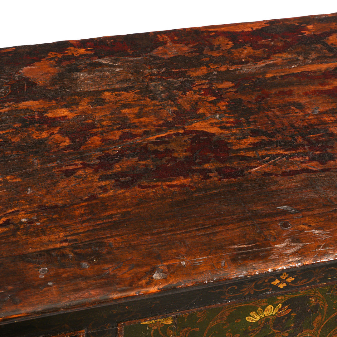 Top Detail From Antique Green Painted Tibetan Altar Cabinet | Indigo Antiques