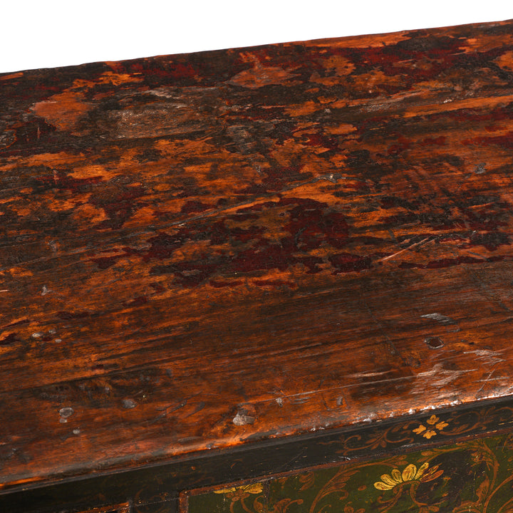Top Detail From Antique Green Painted Tibetan Altar Cabinet | Indigo Antiques