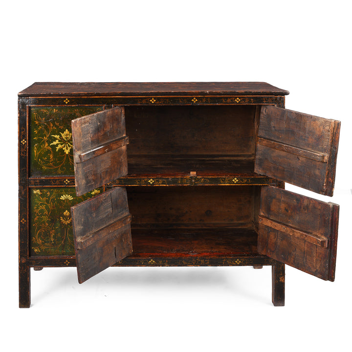 Open Doors View Of Antique Green Painted Tibetan Altar Cabinet | Indigo Antiques