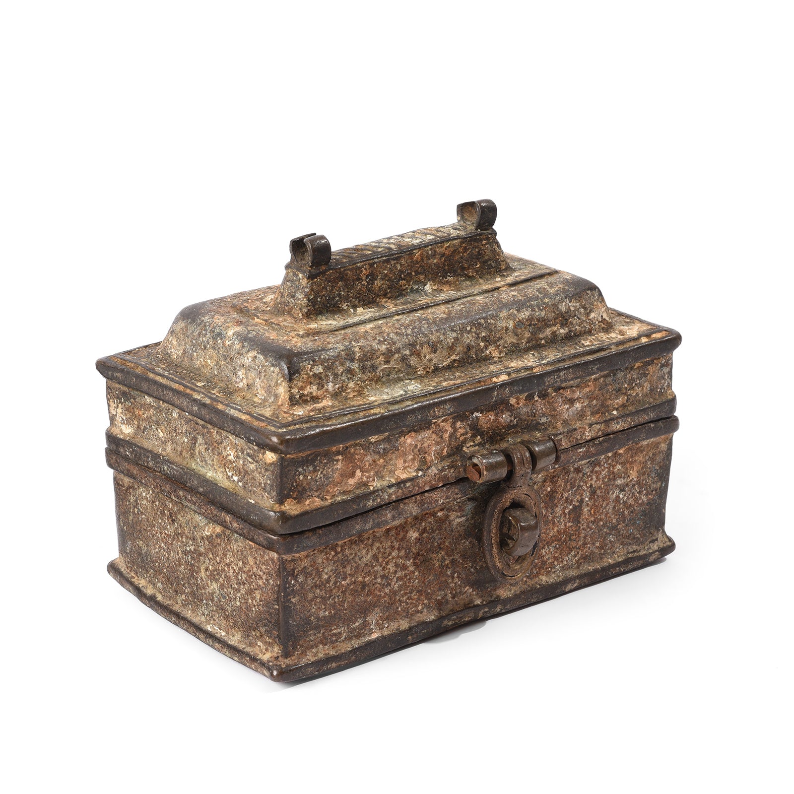 Angled View Of Old Brass Dhokra Money Box From Orissa | Indigo Antiques