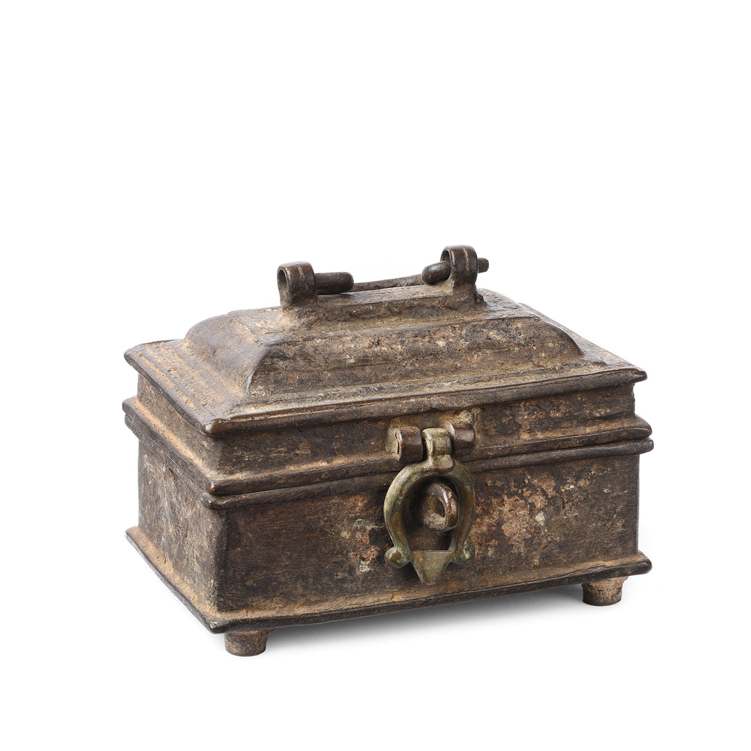 Angled View Of Old Brass Dhokra Money Box From Orissa | Indigo Antiques