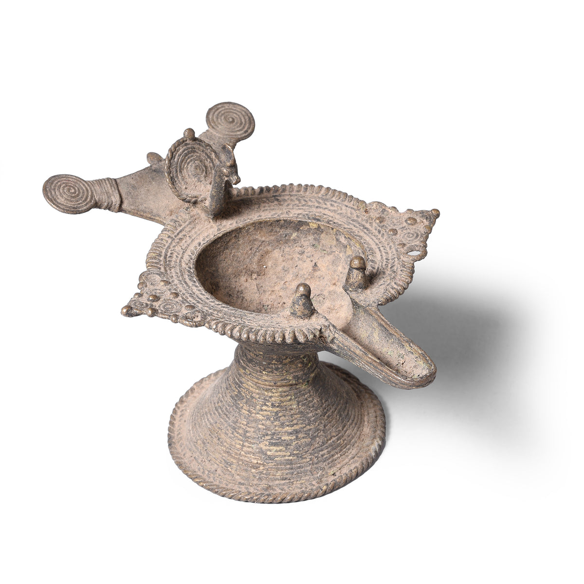 Angled View Of Antique Indian Brass Dhokra Work Oil Lamp From Chhattisgarh | Indigo Antiques