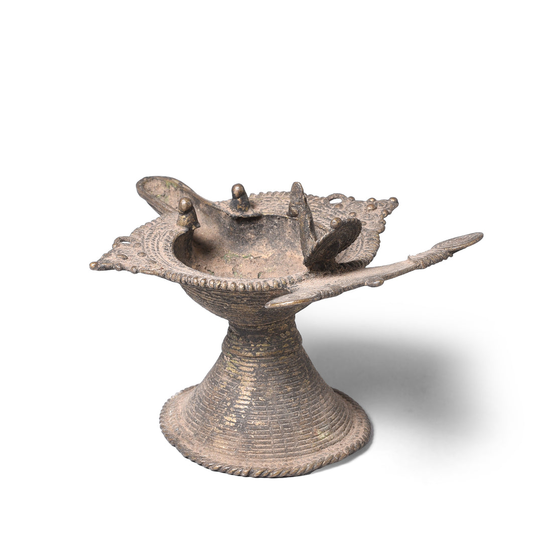 Back Of Antique Indian Brass Dhokra Work Oil Lamp From Chhattisgarh | Indigo Antiques