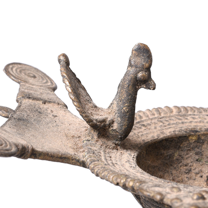 Peacock Detail From Antique Indian Brass Dhokra Work Oil Lamp From Chhattisgarh | Indigo Antiques