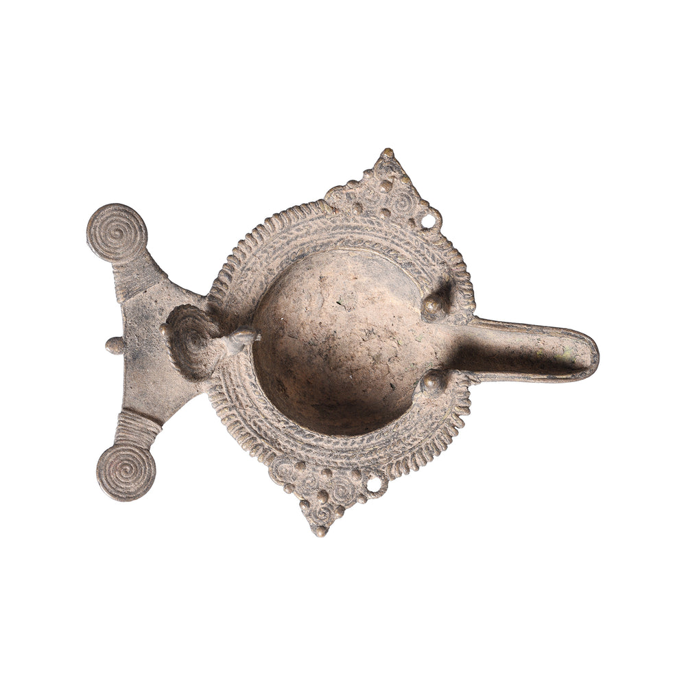 Top Down View Of Antique Indian Brass Dhokra Work Oil Lamp From Chhattisgarh | Indigo Antiques