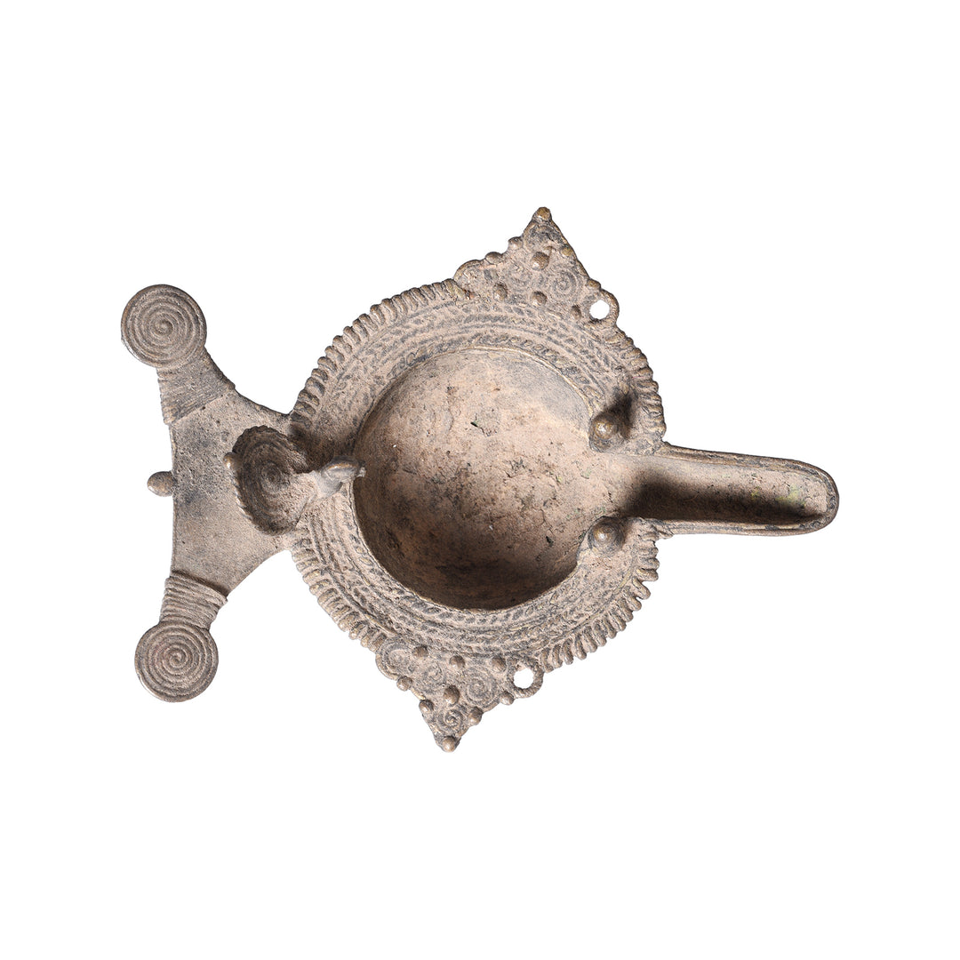 Top Down View Of Antique Indian Brass Dhokra Work Oil Lamp From Chhattisgarh | Indigo Antiques