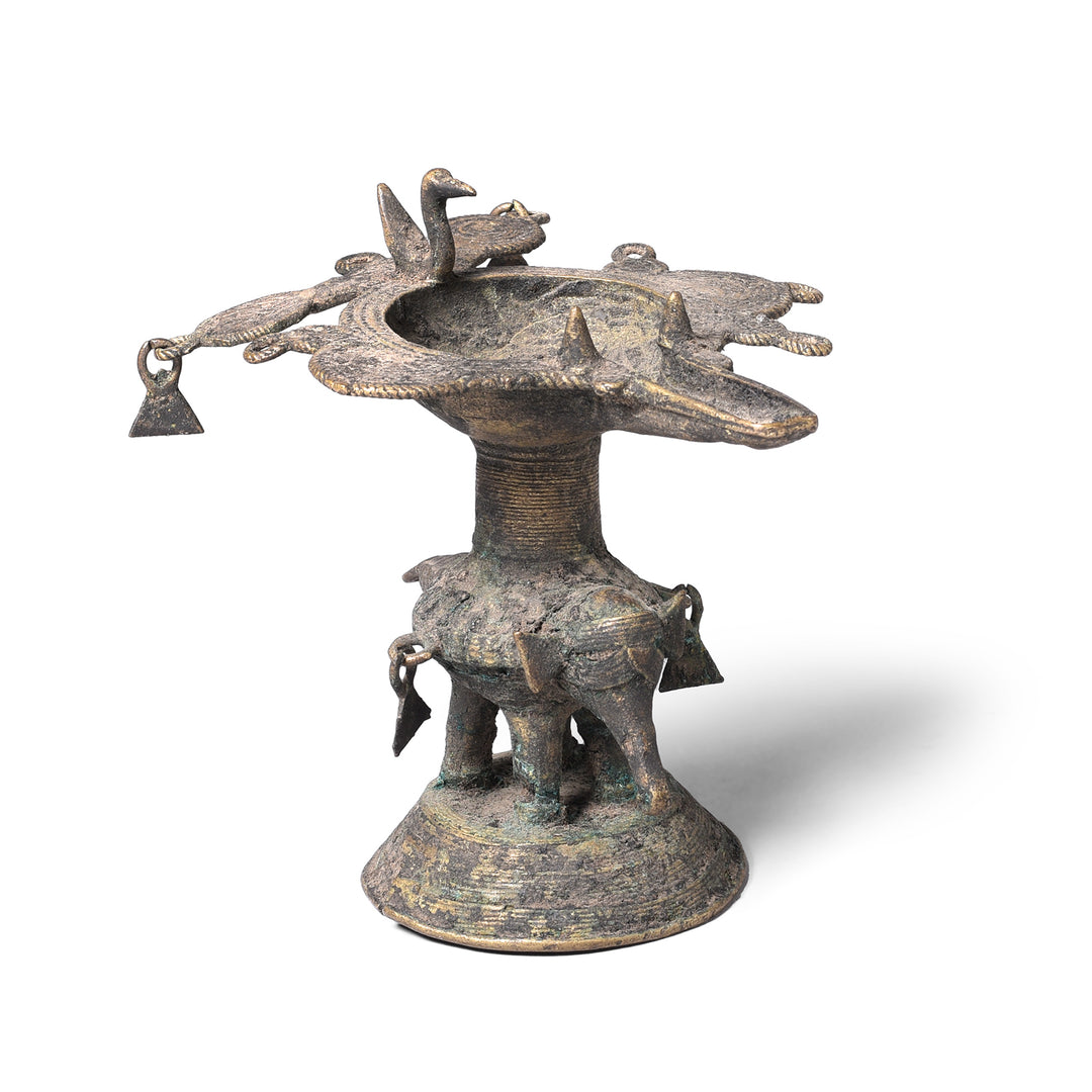 Angled View Of Antique Brass Dhokra Work Oil Lamp From Chhattisgarh | Indigo Antiques