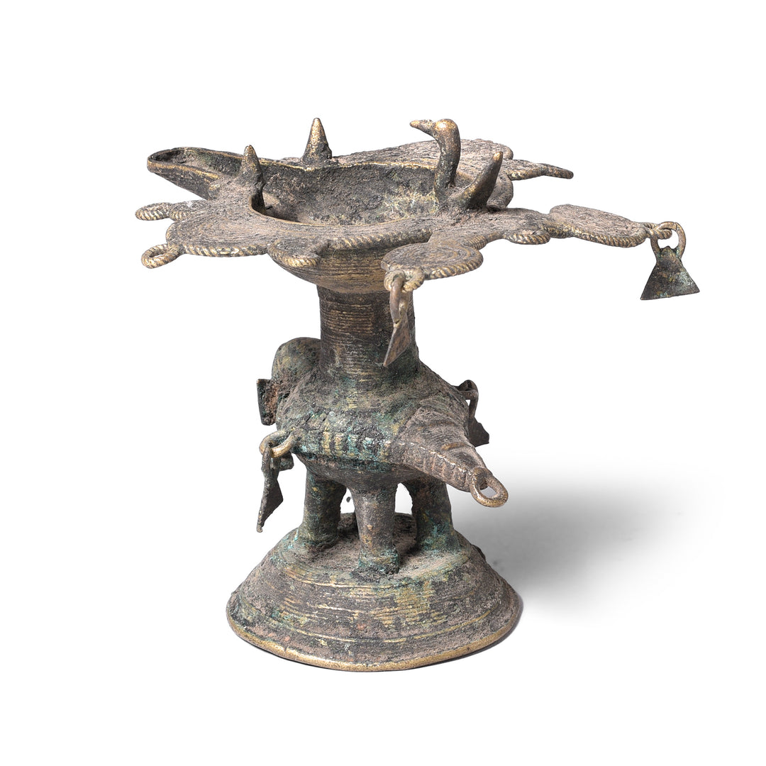 Rear View Of Antique Brass Dhokra Work Oil Lamp From Chhattisgarh | Indigo Antiques