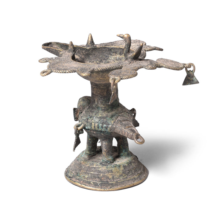 Rear View Of Antique Brass Dhokra Work Oil Lamp From Chhattisgarh | Indigo Antiques
