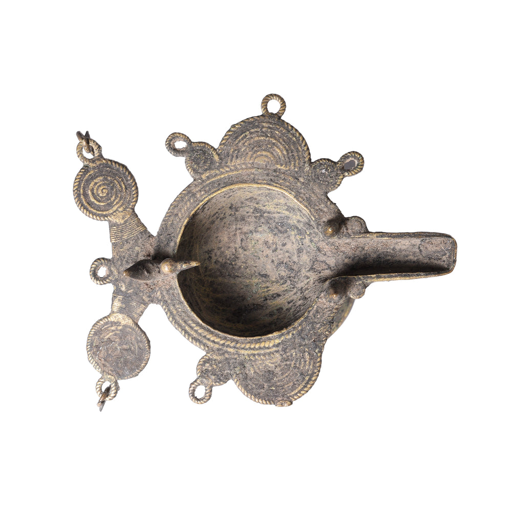 Top Down View Of Antique Brass Dhokra Work Oil Lamp From Chhattisgarh | Indigo Antiques