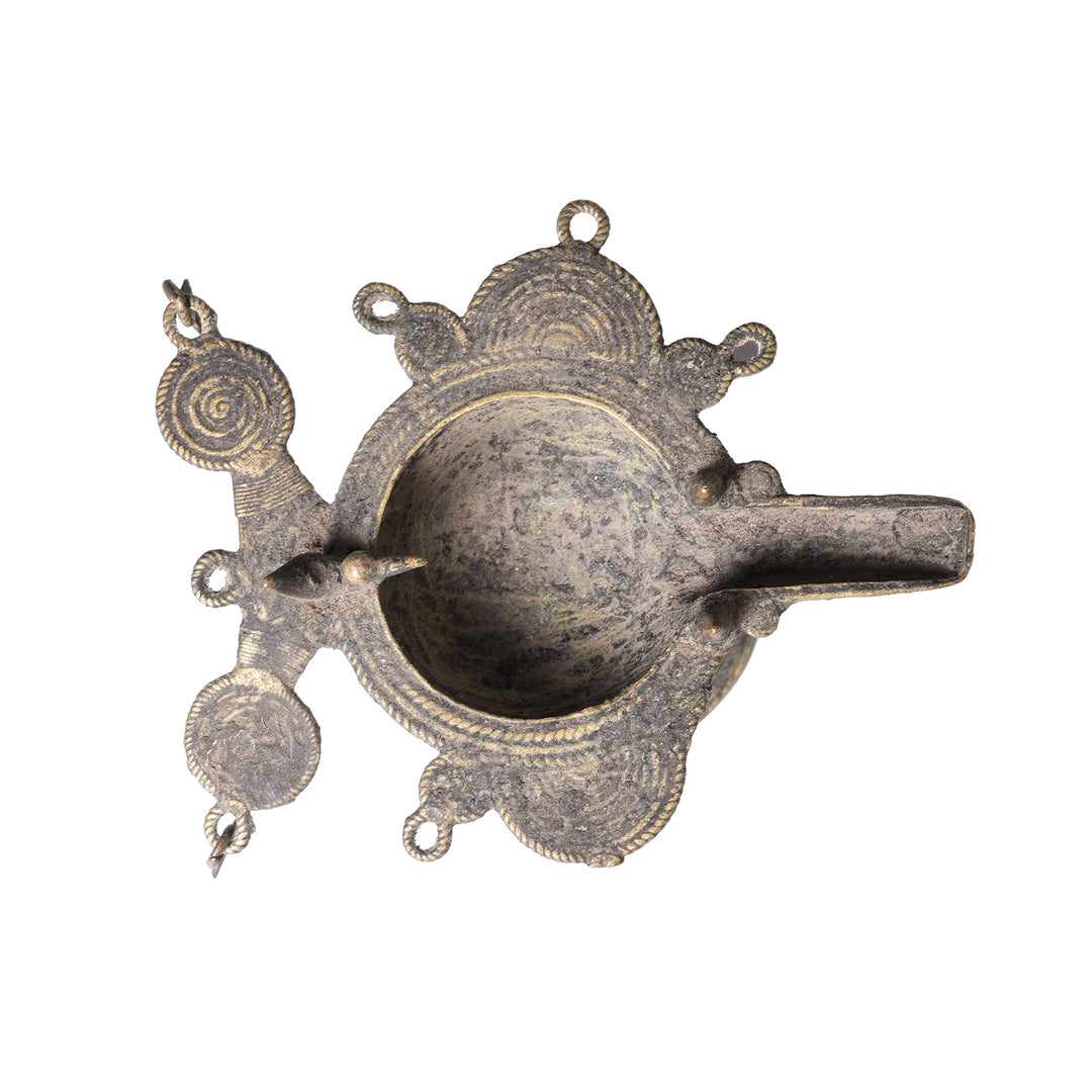 Top Down View Of Antique Brass Dhokra Work Oil Lamp From Chhattisgarh | Indigo Antiques