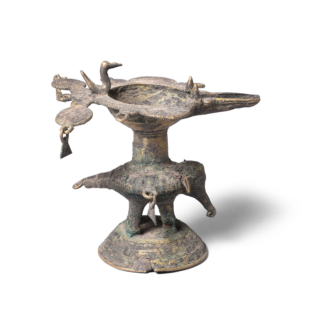 Antique Brass Dhokra Work Oil Lamp From Chhattisgarh | Indigo Antiques