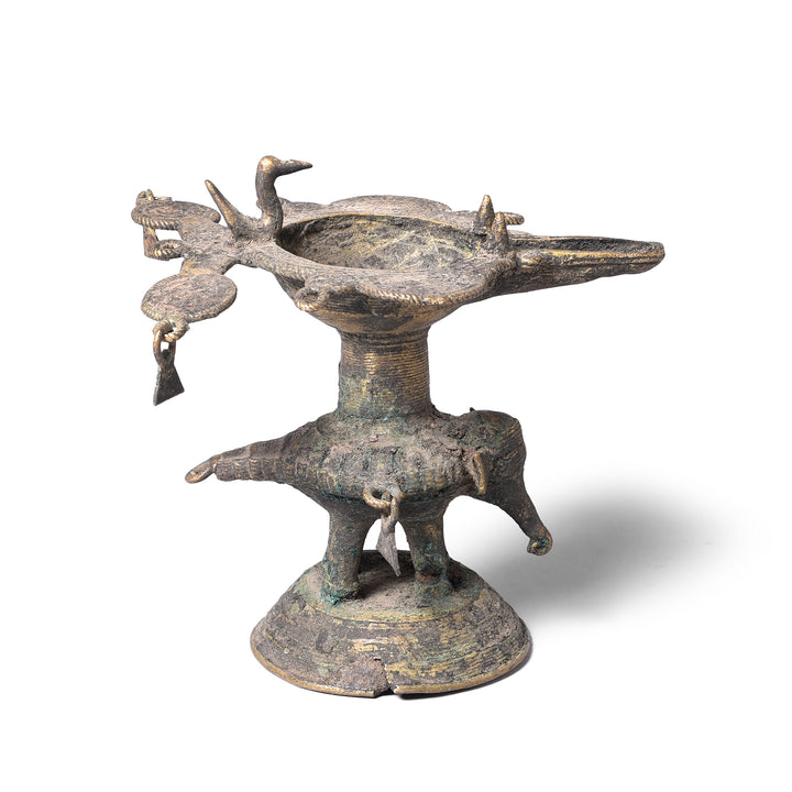 Antique Brass Dhokra Work Oil Lamp From Chhattisgarh | Indigo Antiques