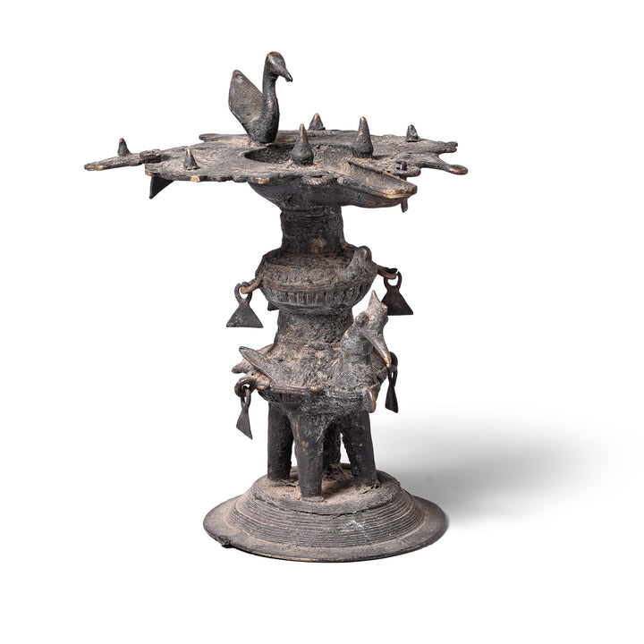 Angled VIew Of Antique Brass Dhokra Work Bastar Oil Lamp From Chhattisgarh | Indigo Antiques