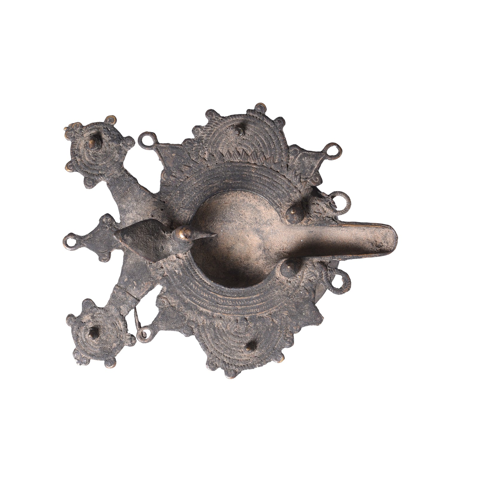 Top Down View Of Antique Brass Dhokra Work Bastar Oil Lamp From Chhattisgarh | Indigo Antiques
