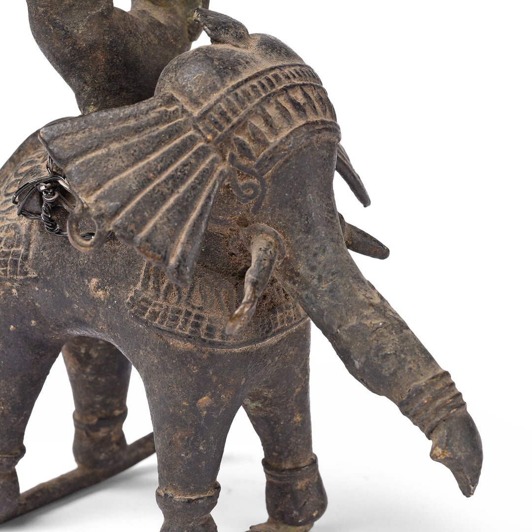 Angled View Of Vintage Brass Dhokra Work Elephant & Rider | Indigo Antiques
