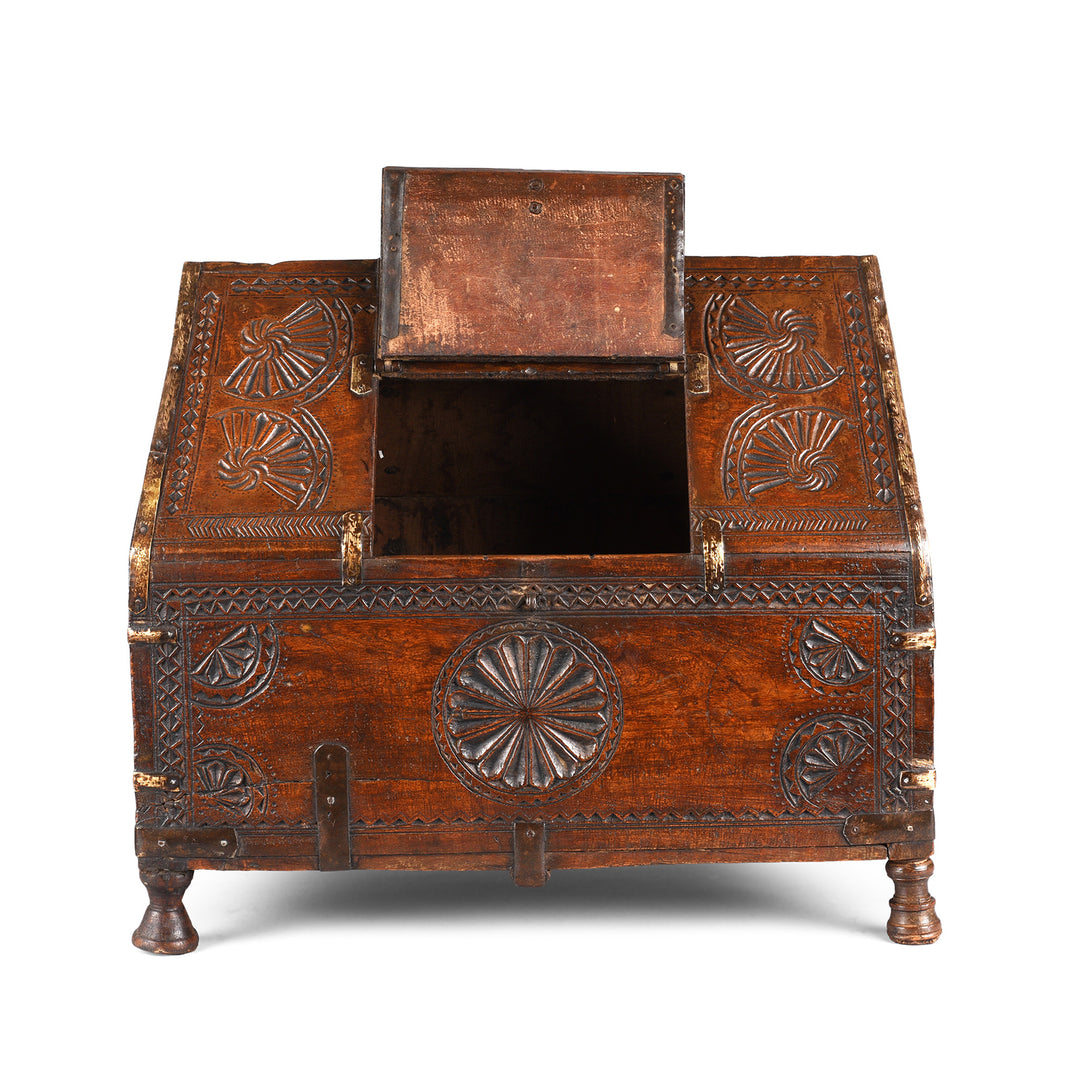 Open Lid View Of Antique Chip Carved Dowry Hut Box From Jaisalmer | Indigo Antiques