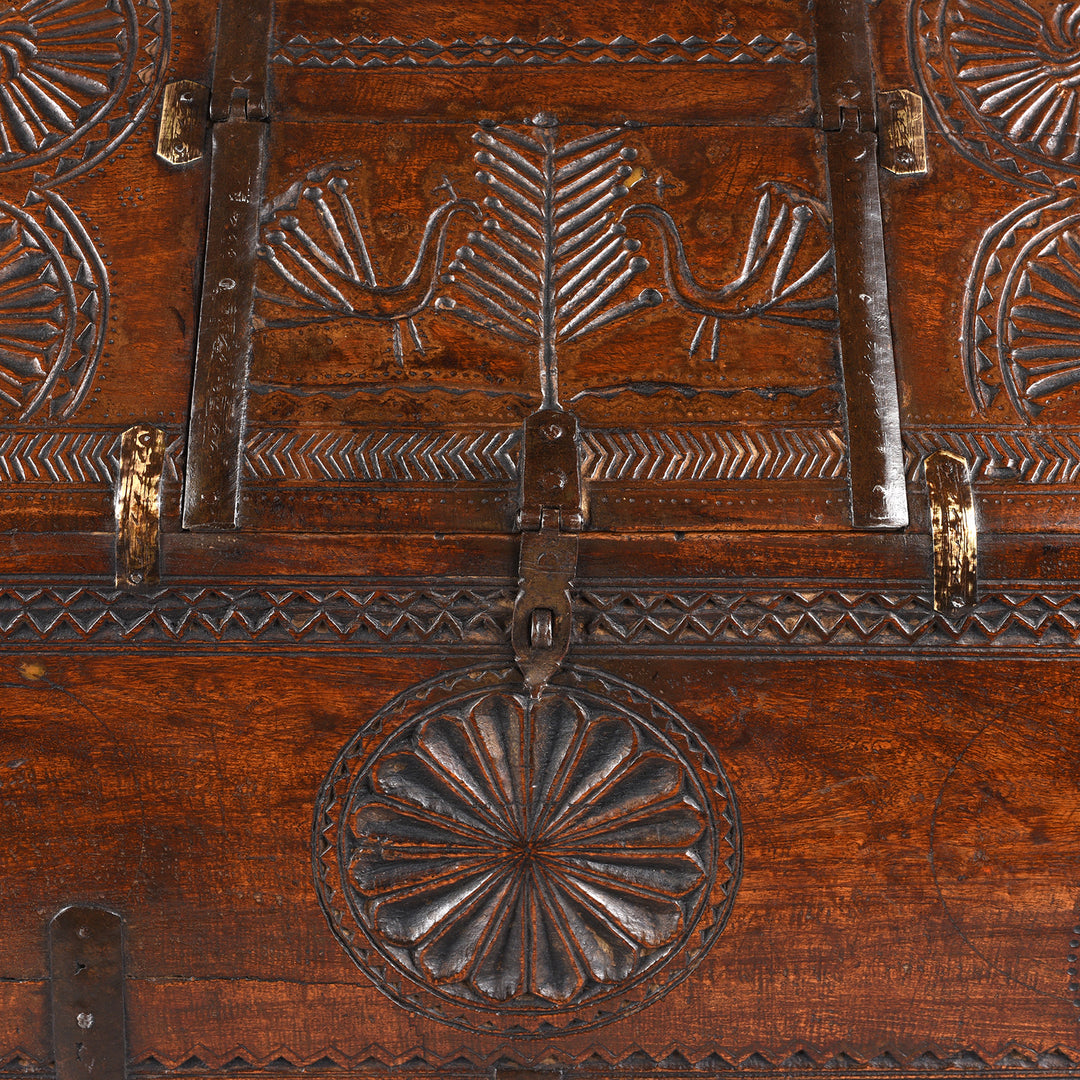 Peacock & Lotus Detail From an Antique Indian Chip Carved Dowry Hut Box From Jaisalmer | Indigo Antiques