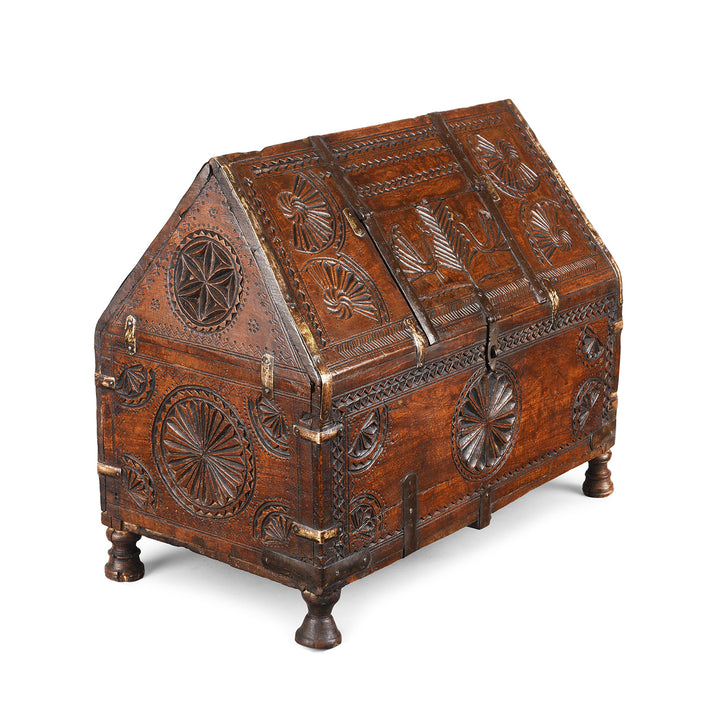 Angled View Of Antique Chip Carved Dowry Hut Box From Jaisalmer | Indigo Antiques