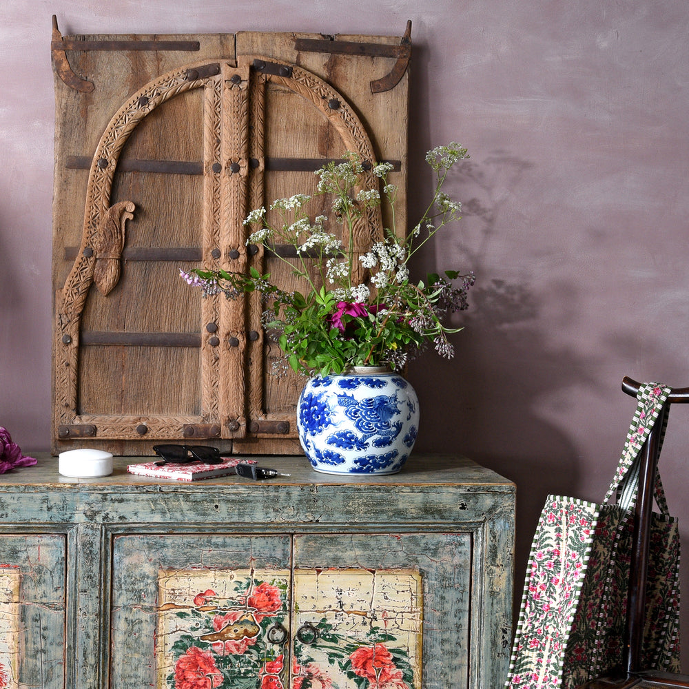 Oriental decor with Indian antiques. Indian window shutters, blue & white porcelain | Indigo Antiques