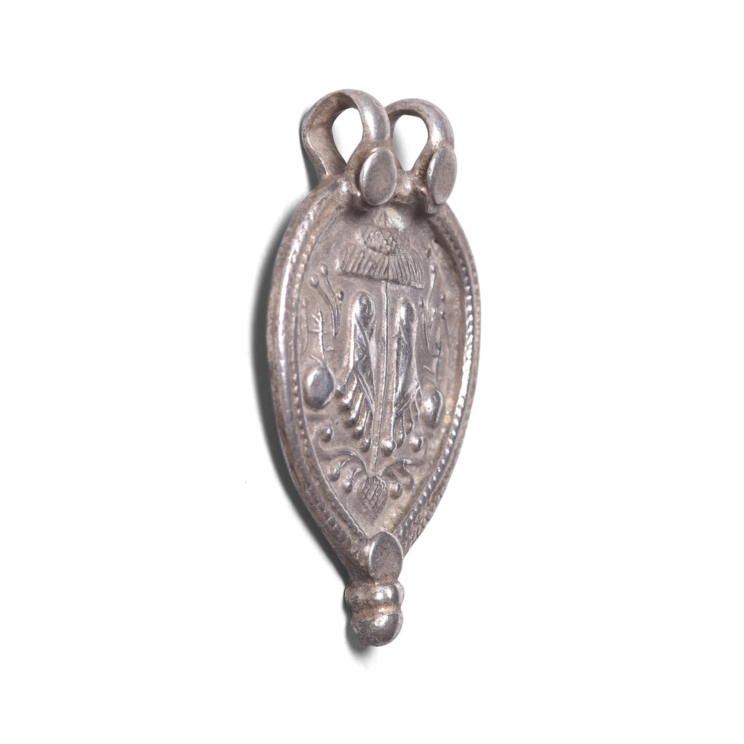 Angled VIew Of Option 3 Tribal Silver Amulet From Rajasthan - Vishnu Feet - Vishnupada