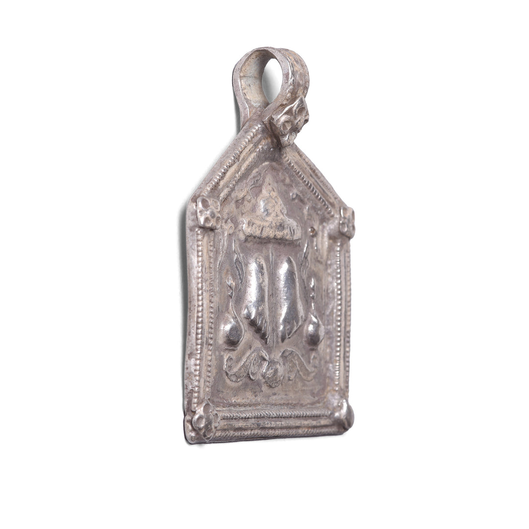 Angled VIew Of Option 4 Tribal Silver Amulet From Rajasthan - Vishnu Feet - Vishnupada