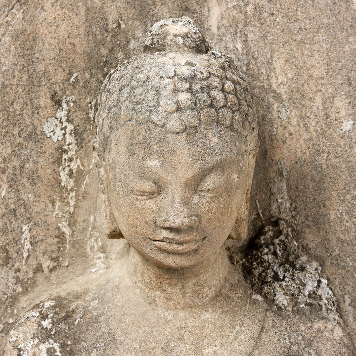 Face Detail From Reproduction Indian Carved Stone Standing Buddha | Indigo Antiques