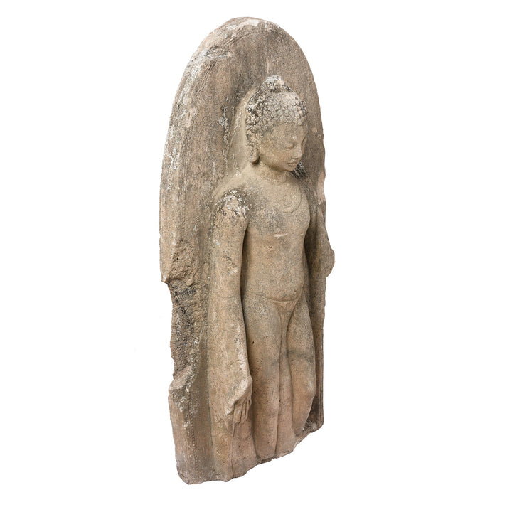 Angled View Of Reproduction Indian Carved Stone Standing Buddha | Indigo Antiques