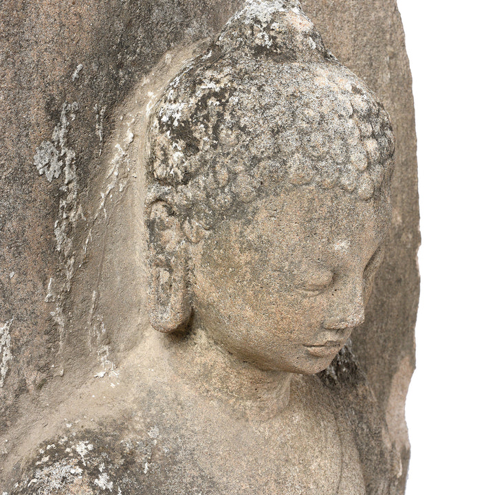 Angled Face Detail From Reproduction Indian Carved Stone Standing Buddha | Indigo Antiques