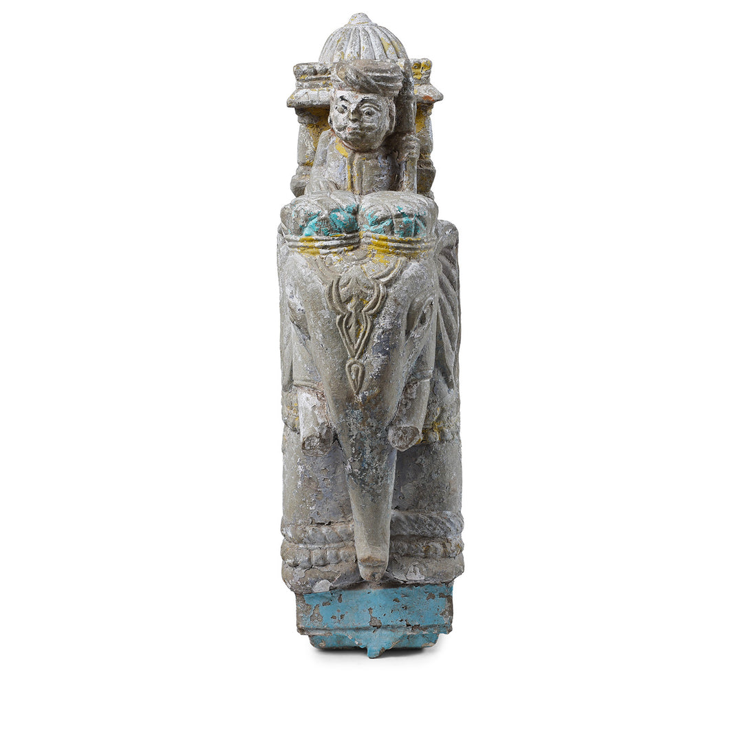 Option 1 Front View Of Antique Indian Painted Stone Elephant With Mahout And Royal Box Carving