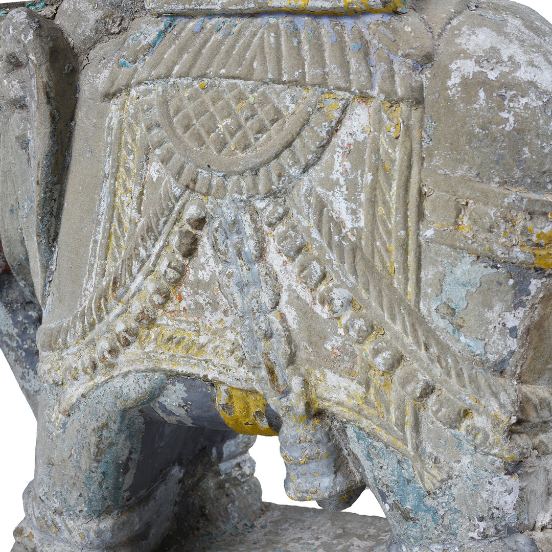 Option 1  Elephant Carving Detail From Antique Indian Painted Stone Elephant With Mahout And Royal Box Carving