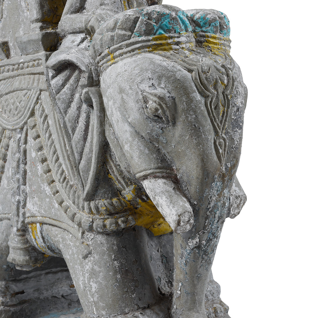 Option 1 Elephant Face Detail From Antique Indian Painted Stone Elephant With Mahout And Royal Box Carving