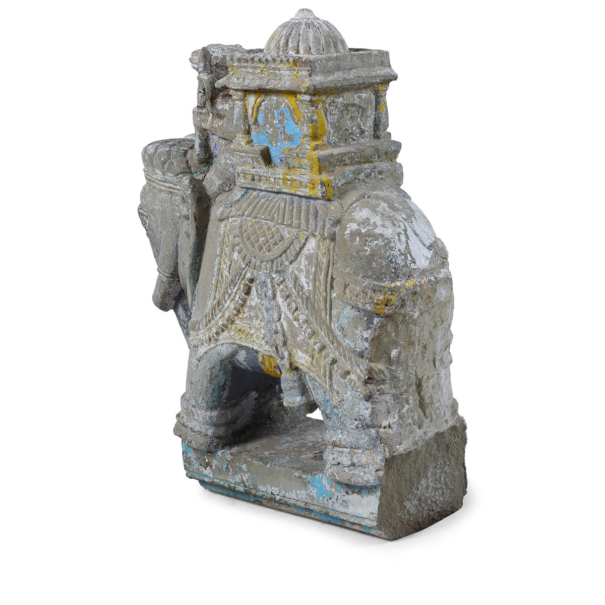 Option 1 Rear View Of Antique Indian Painted Stone Elephant With Mahout And Royal Box Carving