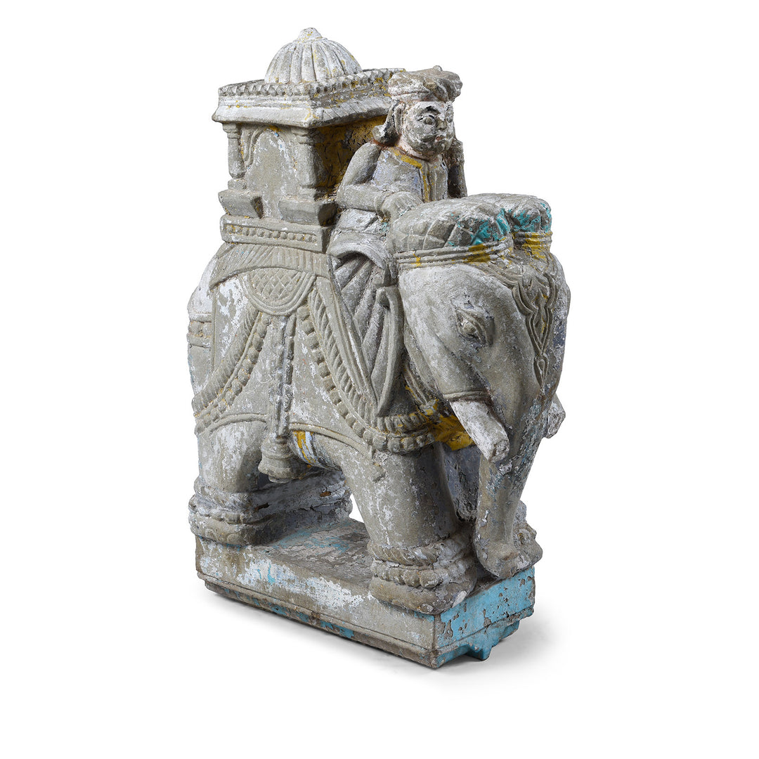 Option 1 Antique Indian Painted Stone Elephant With Mahout And Royal Box Carving